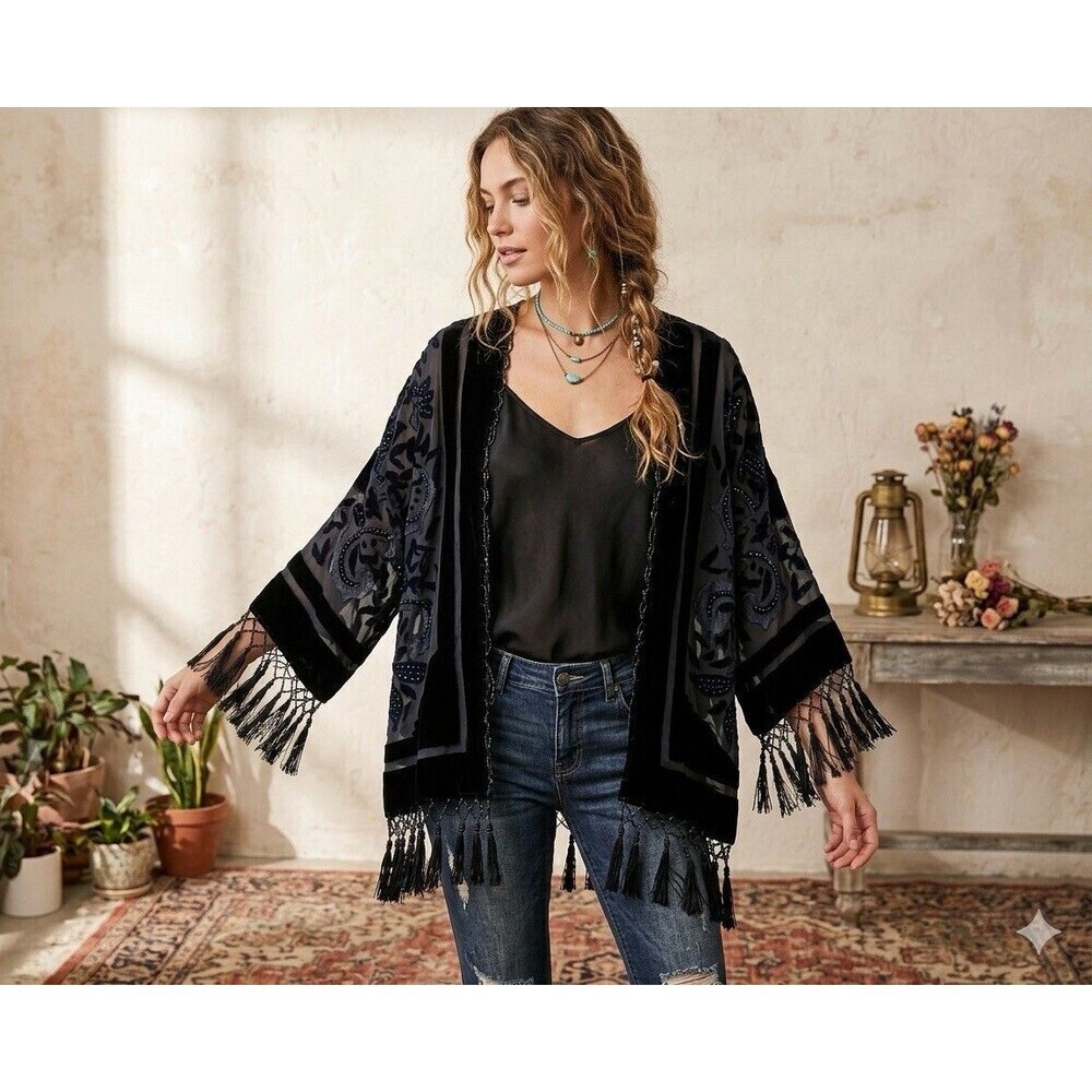 Burnout Velvet Sheer Kimono Jacket M Silk Beaded Fringe Hippie Boho Festival